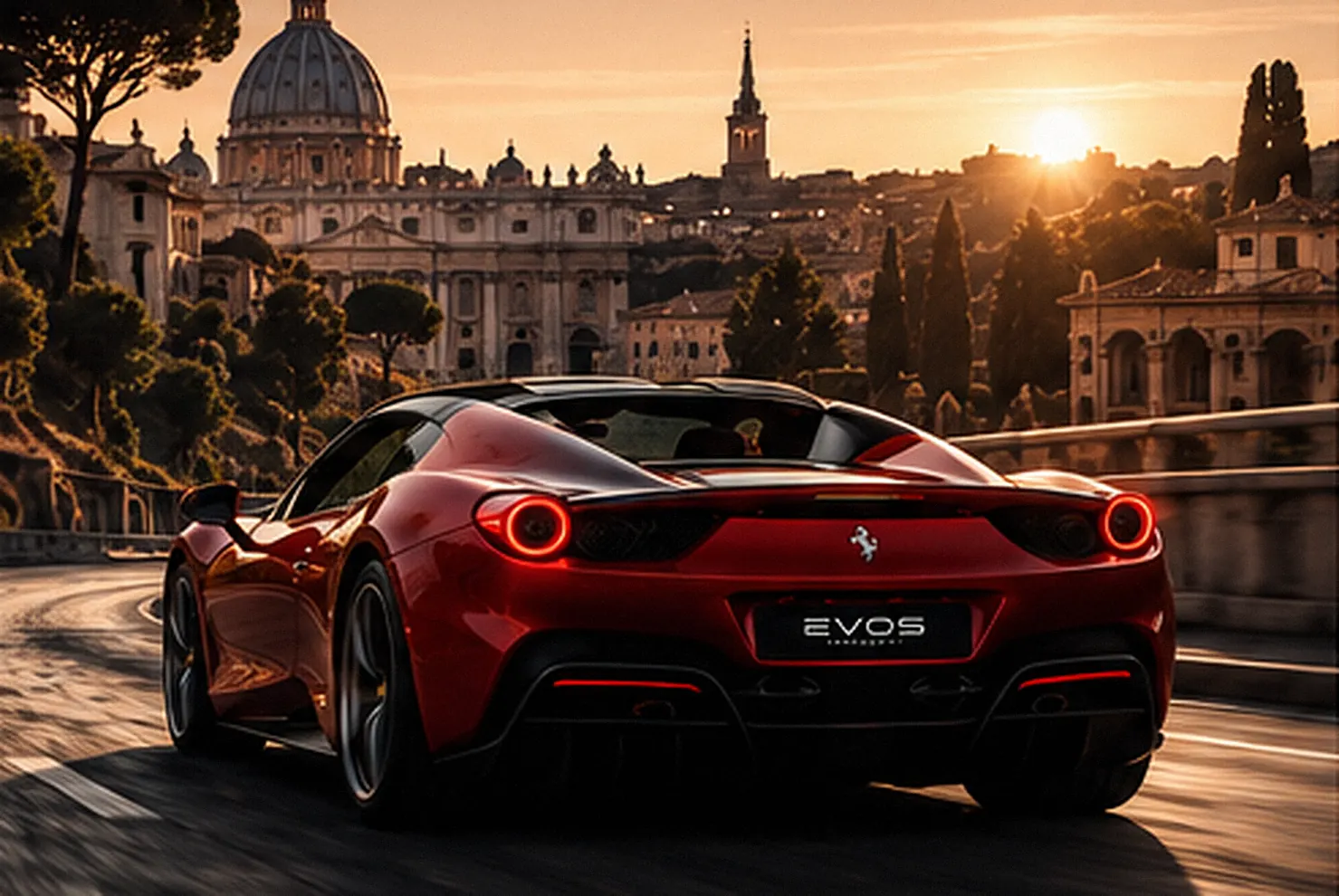 Red Italian sports car on a bend above Rome at sunset, with the dome of St Peter's behind