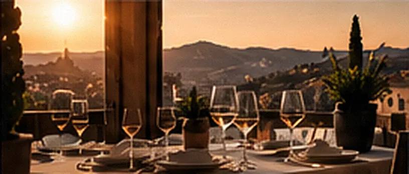 A laid dinner table at sunset overlooking hills