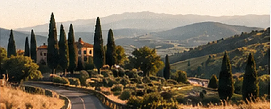 A road lined with cypress trees through Tuscan hills