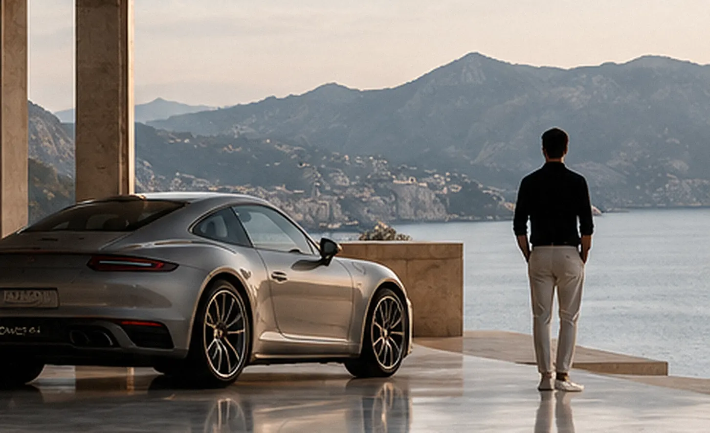 Grey Porsche 911 on a stone terrace above the sea, a man looking out over the water